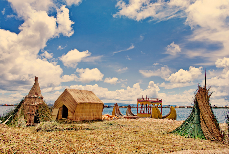 Traditional village on Uros islands on lake Titicaca in Peru