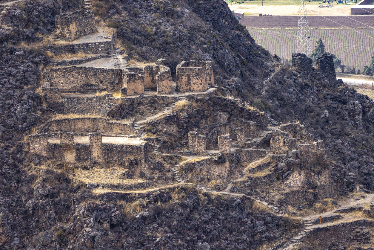 Inca archaeological site at Ollantaytambo in Peru at daylight
