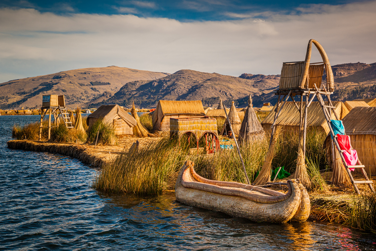 Peru Lake Titicaca, near Puno, Los Uros, the floating islands constructed of reeds.