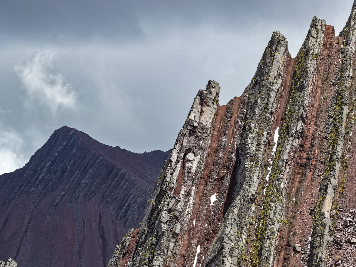 Aerial view of Pallay Punchu 7 Color Mountain with beautiful sedimentary geology in Cusco Peru